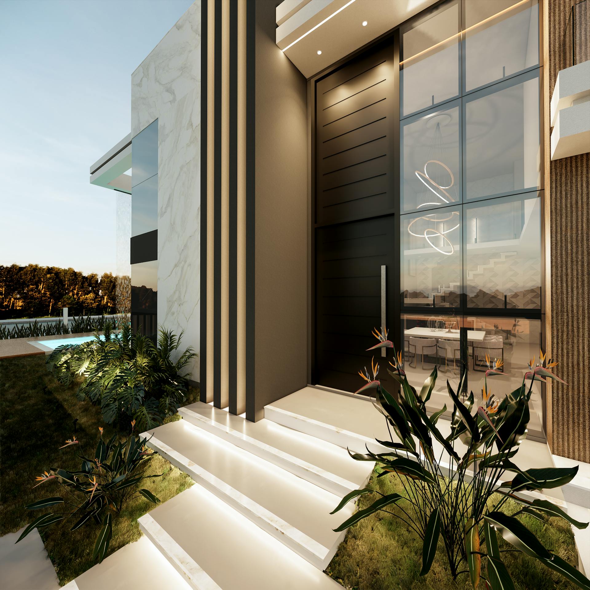 Photograph of the doorway in a luxury house, opening to the coastline outside